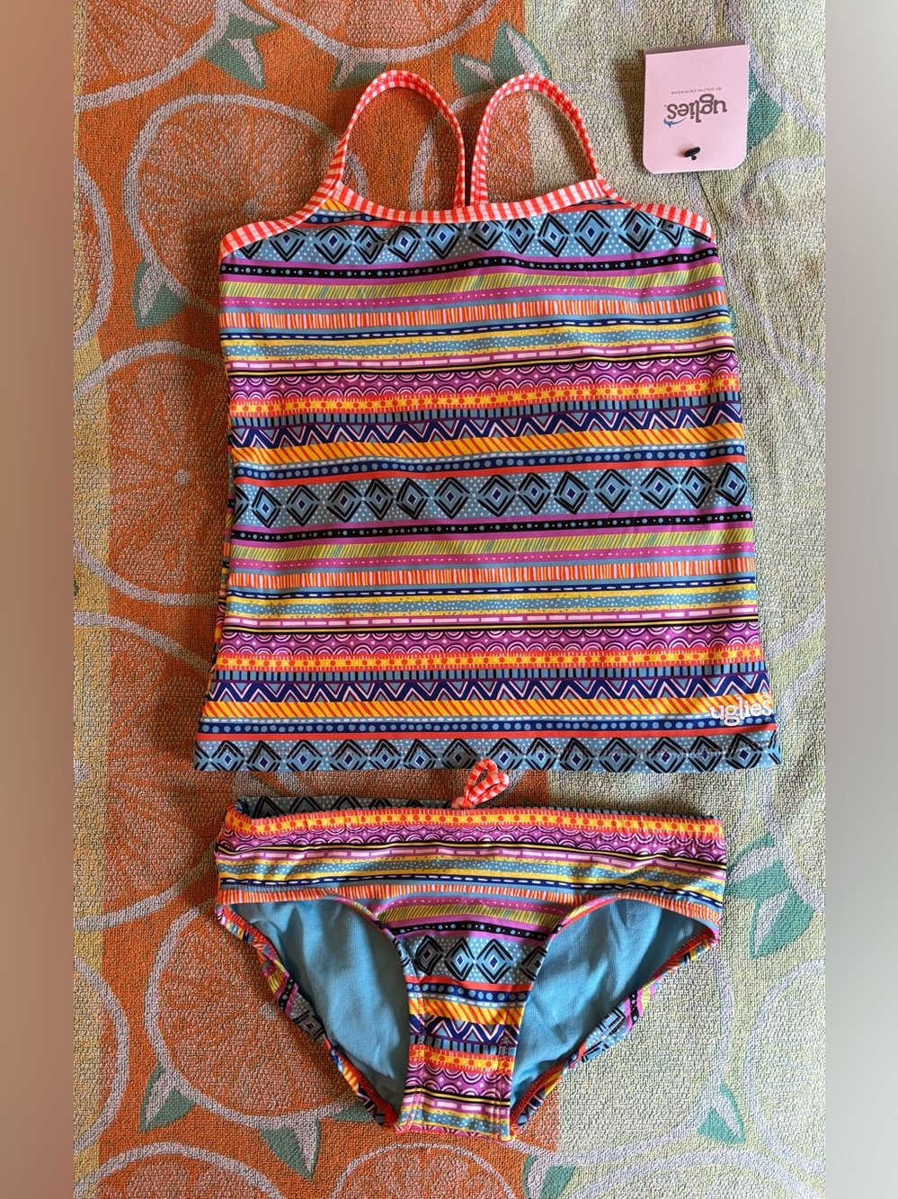 Girls' Multicolor Striped Tankini Swim Set - Bright Aztec Print